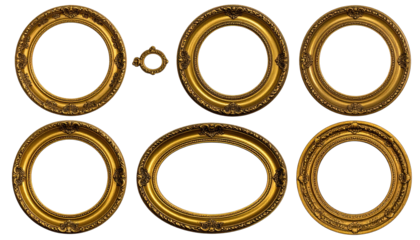 Group of six ornate antique gold frames on a black background