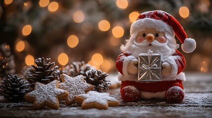 A photographic image of a cube-shaped Santa plush holding a tiny silver gift box with a sparkling ribbon,