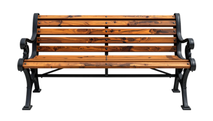 Wooden bench with dark metal frame against a black background