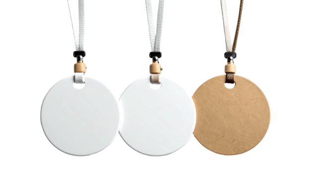 Three round blank pendants hang with light cords on black