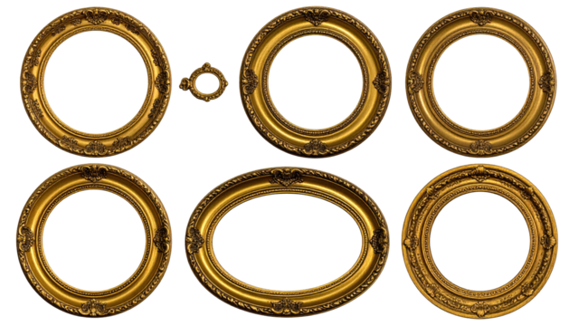 Group of six ornate antique gold frames on a black background