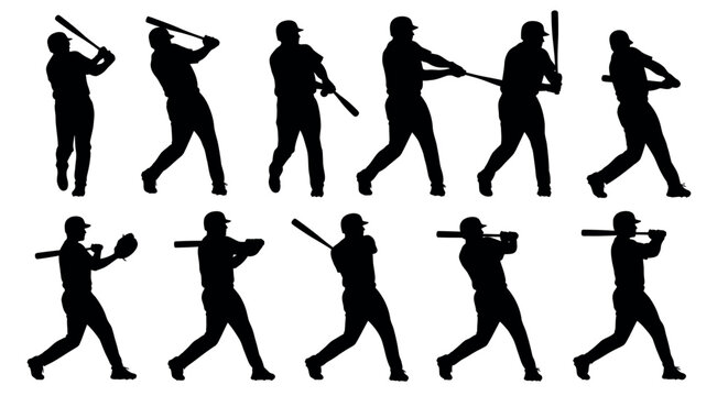 Black and white silhouette sequence of baseball batter swing stages