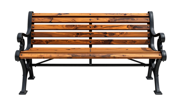Wooden bench with dark metal frame against a black background