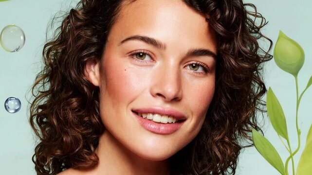 Natural skincare portrait of a smiling woman with fresh complexion and botanical background, concept of organic beauty, self‑care and clean wellness lifestyle