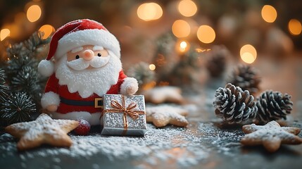 A photographic image of a cube-shaped Santa plush holding a tiny silver gift box with a sparkling ribbon,