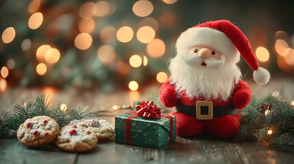 A photographic image of a cube-shaped Santa plush toy with fluffy red fabric and white beard, holding a miniature green gift box with a red bow,