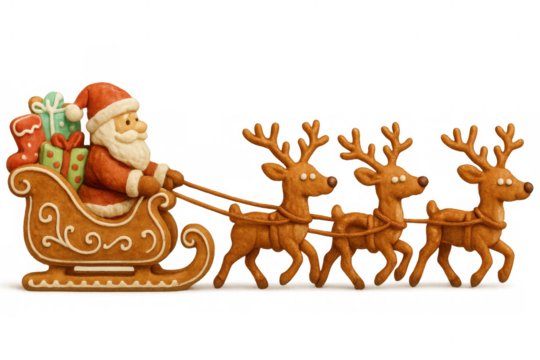 Santa claus riding a gingerbread sleigh pulled by three reindeer, carrying christmas gifts, holiday cookie food art, transparent background