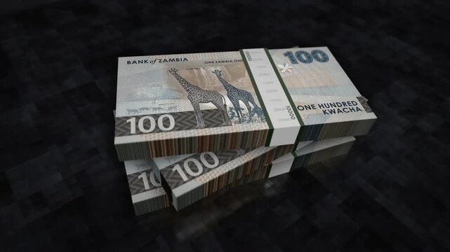 Zambia kwacha Zambian money pile pack. Concept background of economy, banking, business, crisis, recession, debt and finance. 100 ZMW banknotes stacks 3d animation.