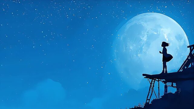 Girl Silhouette on Platform: Celestial Moonlit Starry Sky Art