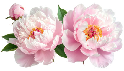 Two open pink peonies & bud. Green leaves peek between them