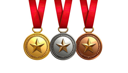 Gold, silver, & bronze medals, star center, hanging from red ribbons