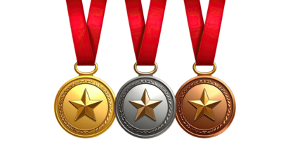 Gold, silver, & bronze medals, star center, hanging from red ribbons