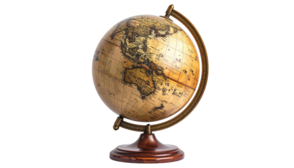 Antique globe resting on wooden stand against black backdrop