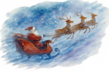 Santa claus flying sleigh with reindeer at night, delivering christmas presents, watercolor illustration with transparent background
