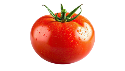 Red tomato with green stem, water droplets. Isolated on black