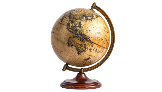 Antique globe resting on wooden stand against black backdrop