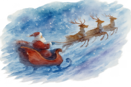 Santa claus flying sleigh with reindeer at night, delivering christmas presents, watercolor illustration with transparent background