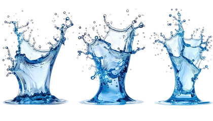 Three clear, blue water splashes isolated on a black background