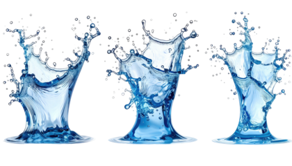 Three clear, blue water splashes isolated on a black background
