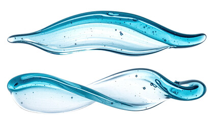 Abstract, wavy, clear blue liquids swirling against a black void