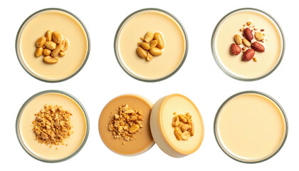 Six dishes with peanuts & peanut butter, arrayed