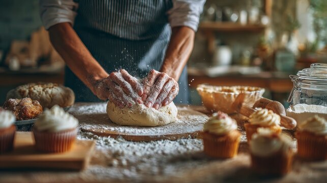 Hands kneading dough in kitchen