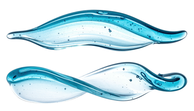 Abstract, wavy, clear blue liquids swirling against a black void