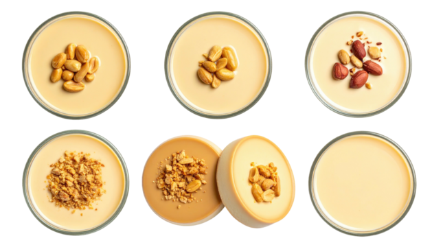 Six dishes with peanuts & peanut butter, arrayed