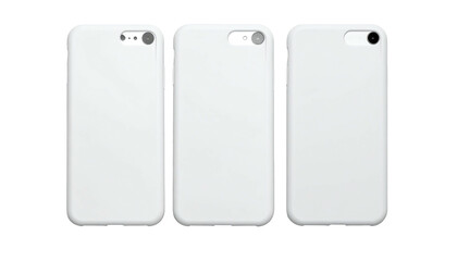 Three blank white phone cases, centered, black background
