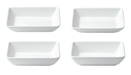 Four white, rectangular, shallow serving dishes in grid arrangement