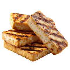 Stacked Grilled Tofu Blocks with Golden-Brown Exterior and Charred Grill Marks on Transparent Background