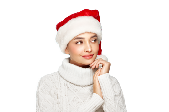 Beautiful woman in a white knitted sweater and santa hat isolated on a transparent background. Christmas or New Year festivities. Holiday and Party - Powered by Adobe