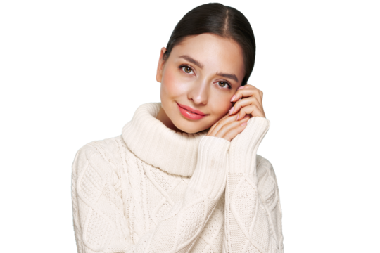 Portrait of young happy beautiful woman smiling and looking away, isolated on transparent background in a warm white sweater. Concept of winter promo sale