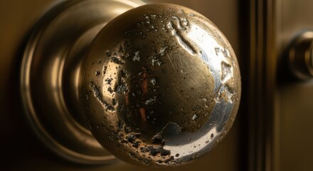 Aged brass door knob with tarnish and patina close-up