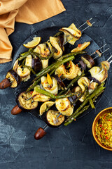 Freshly fish kebabs on skewers, barbecue. BBQ fish