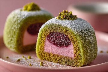 An exquisite dessert with a mousse filling of raspberries and pistachios.