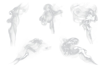 set of abstract white smoke in different shapes isolated on white or transparent png