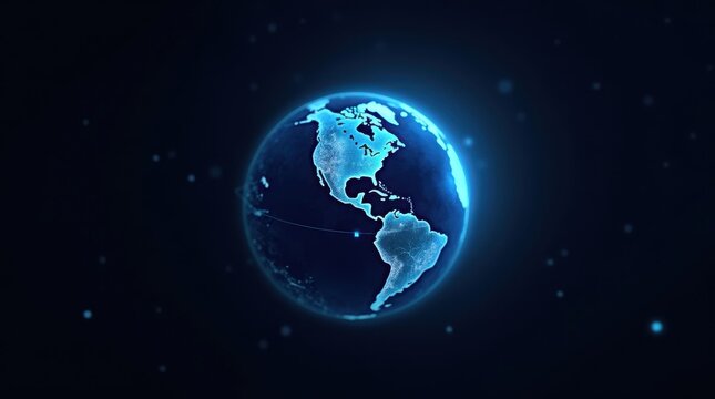 Digital glowing earth with north and south america visible in dark space