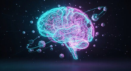 A Glowing Wireframe Brain Is Surrounded By Geometric Shapes Rendered In Neon Pink And Turquoise
