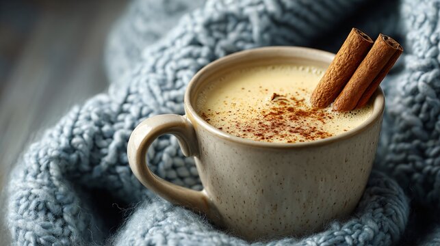 A cup of warm milk with cinnamon stick, cozy winter setup