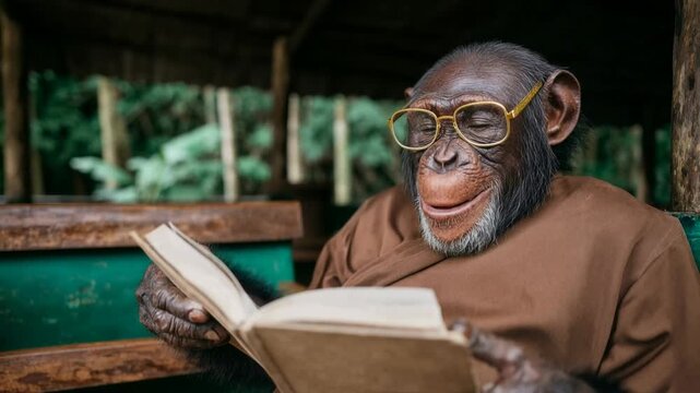 Curious chimpanzee reading a book with humanlike focus, humorous yet tender wildlife moment highlighting intelligence, learning and the wonder of animals &mdash; cinematic stock video in authentic style, cr