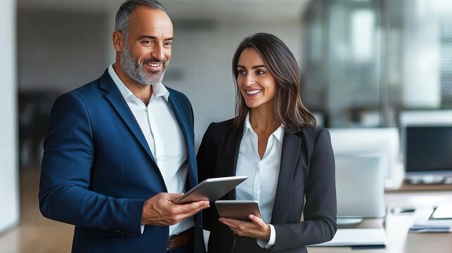 Business partners engaged in strategic planning during a collaborative team meeting using a tablet.