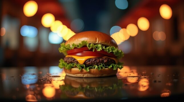 Delicious gourmet burger with melted cheese and fresh lettuce on a reflective surface