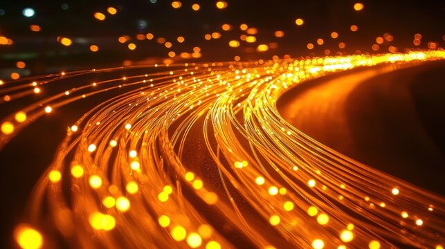 Fiber optic bend dynamic curved fiber strands with vibrant orange light trails and bokeh creating flowing data transmission patterns