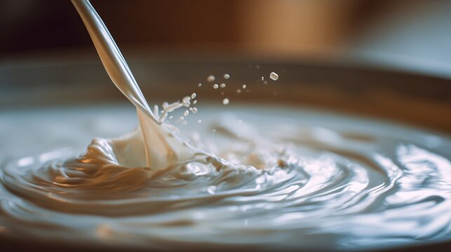 A macro of milk being stirred with spoon, cinematic tone