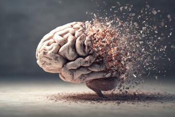 Representation of brain loss showing a brain fragmenting and dispersing in an artistic manner, highlighting the fragility of cognitive functions and mental health
