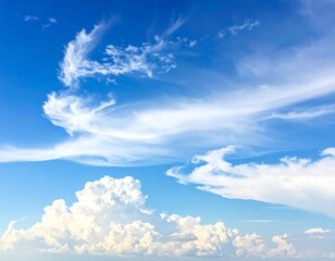 Clear blue sky with white fluffy and wispy clouds