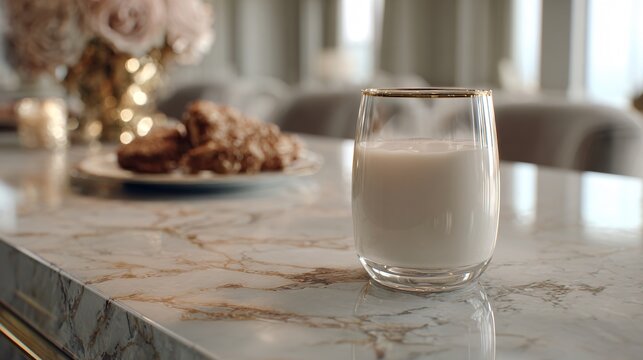 A milk glass on marble countertop, elegant neutral palette