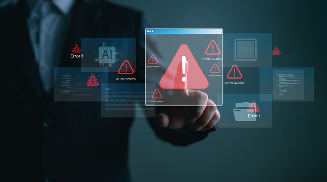 Businessman touching digital error and system warning icons on virtual screen, representing cybersecurity threat, system failure, data breach, AI error, and technology risk management. - Powered by Adobe