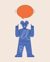 Girl points to speech bubble. Colorful vector illustration